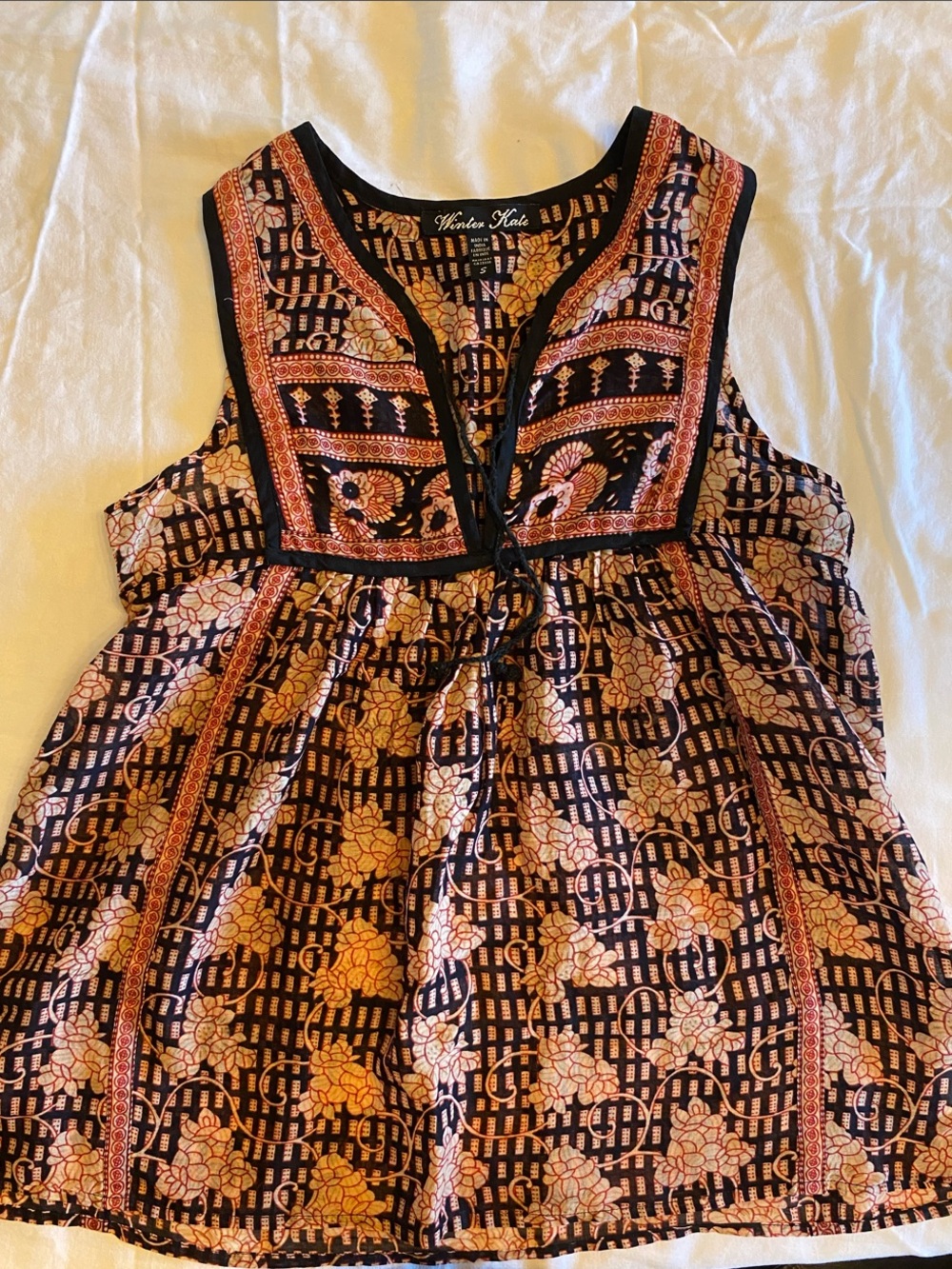 Winter Kate Black & Peach Floral Sleeveless Peasant Top